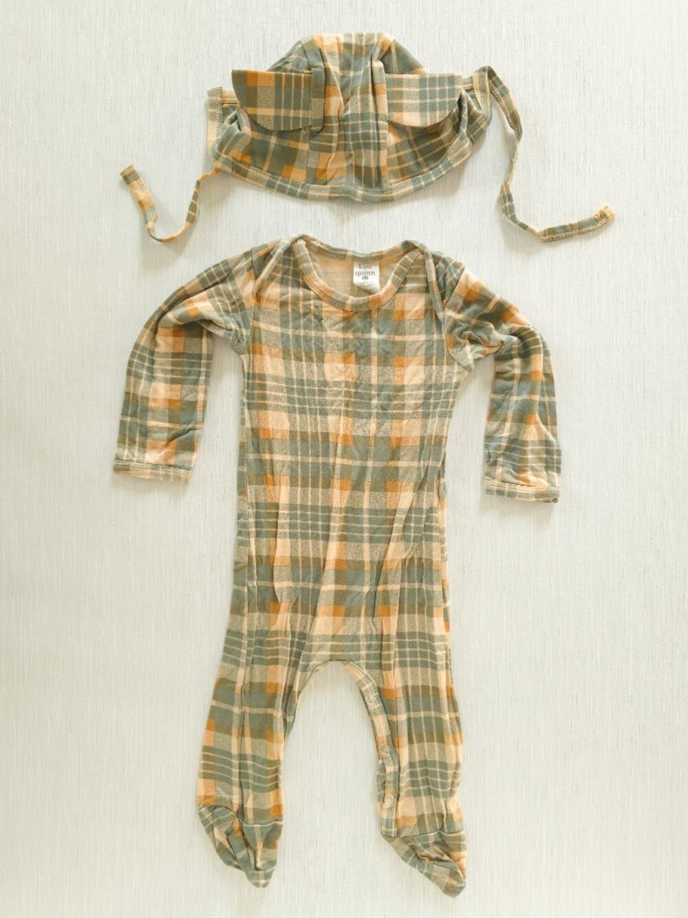 Kate Quinn Ranch Plaid Neutrals Bamboo Footie 6-9 Months and Bear Hat